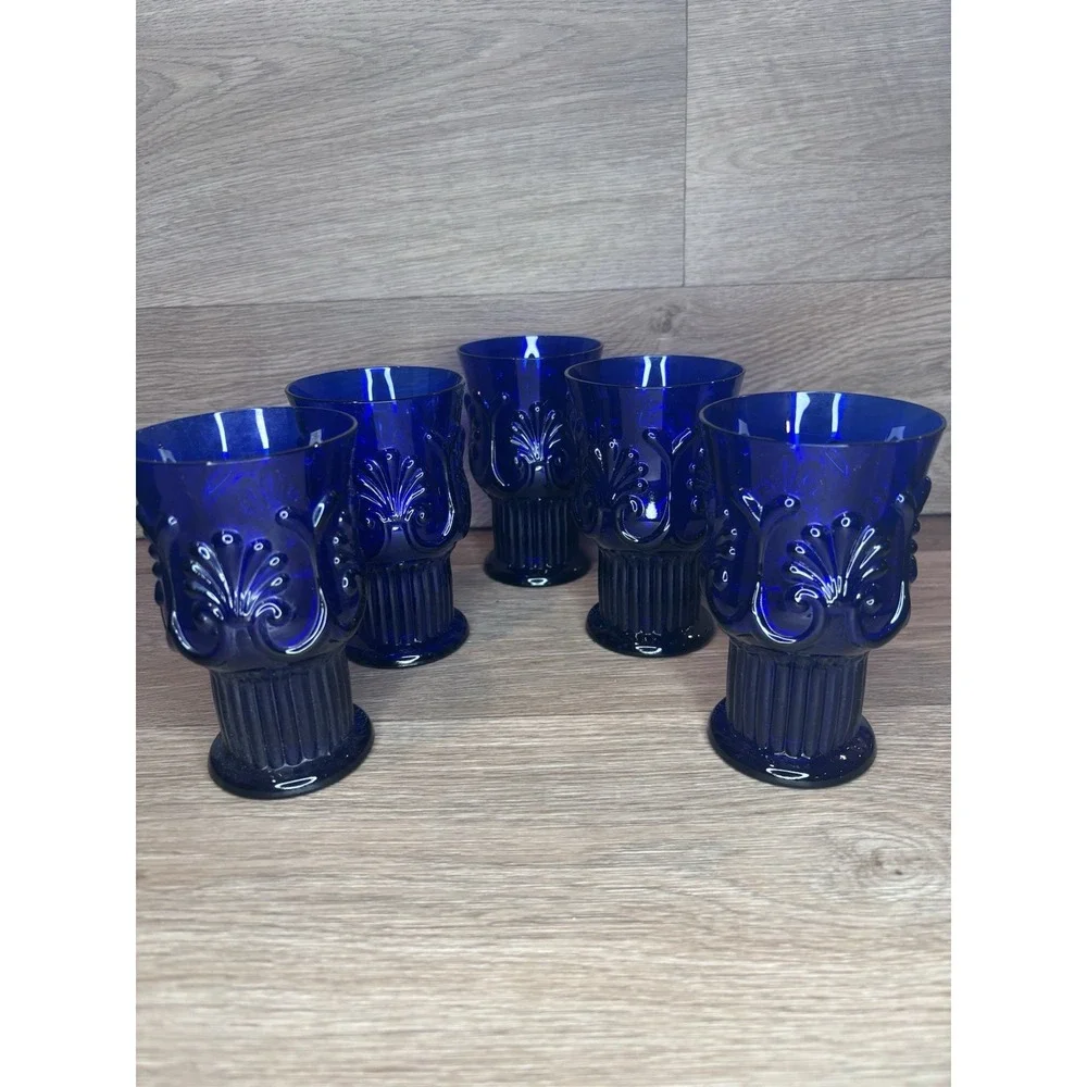 Set Of 5 Vintage Cobalt Blue Libbey Pilgrim Embossed Glasses; One Chip, See Pics